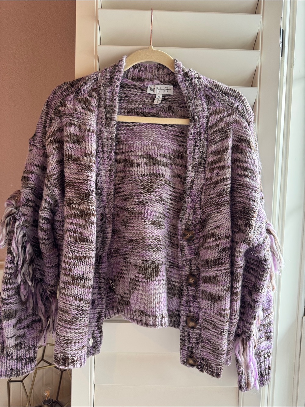Jessica Simpson Lavender and Brown Fringe Knit Cardigan